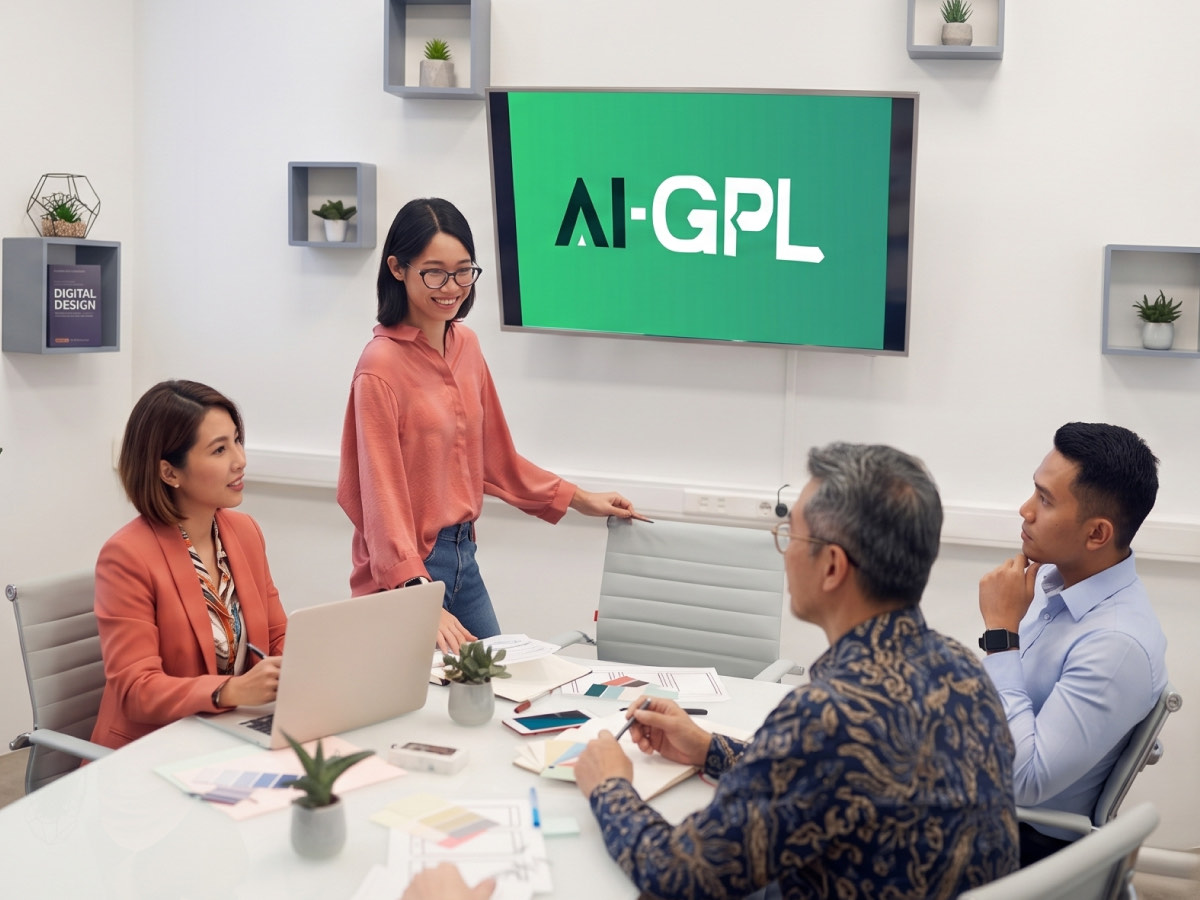 Sesi AI-GPL: tim rapat di depan layar berlogo AI-GPL